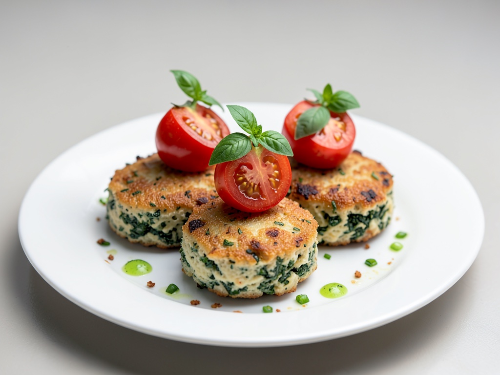 Bolitas crujientes de ricotta y espinaca con torres de tomate y albahaca