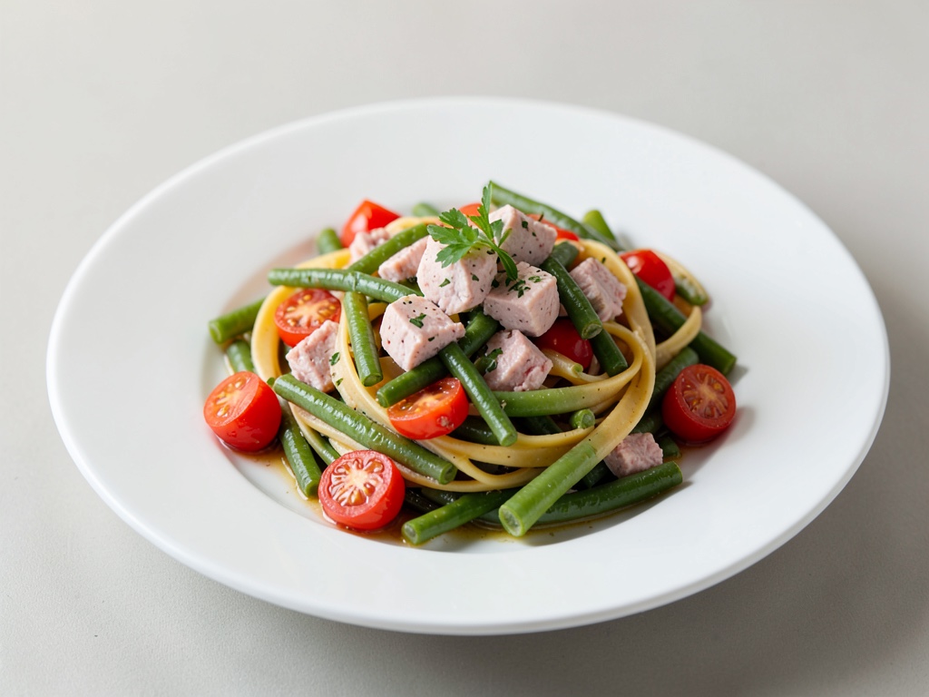 Padella di pasta con fagiolini, pomodori e tonno