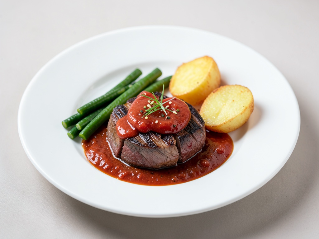 Manzo succulento con salsa di pomodori, fagioli e patate fritte