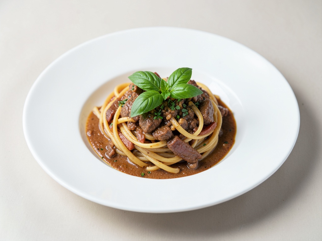 Pasta succosa al manzo con basilico fresco