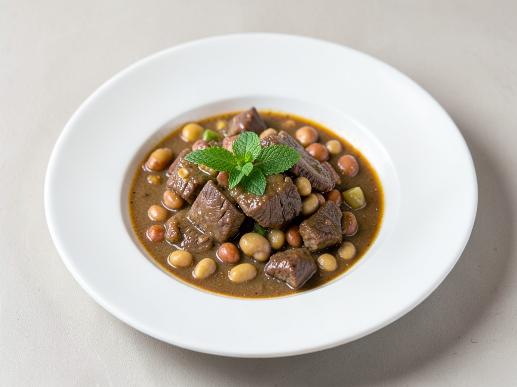 Estofado sabroso de res y frijoles con menta fresca