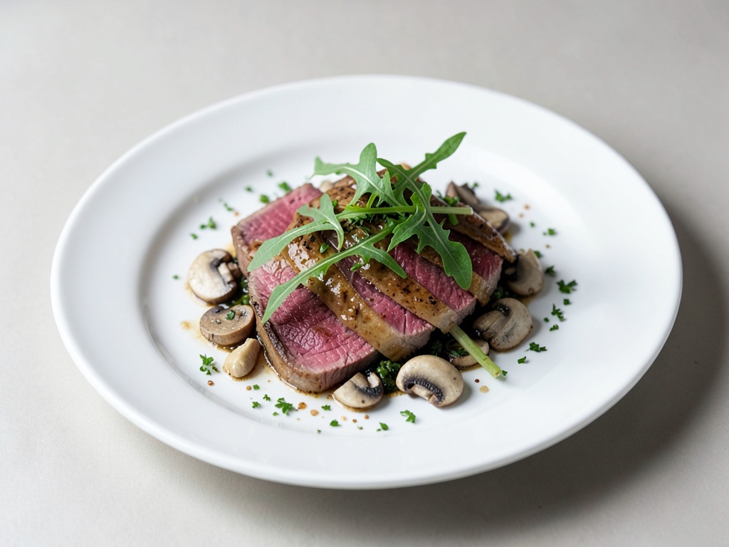 Bœuf ultra-fin aux champignons et roquette