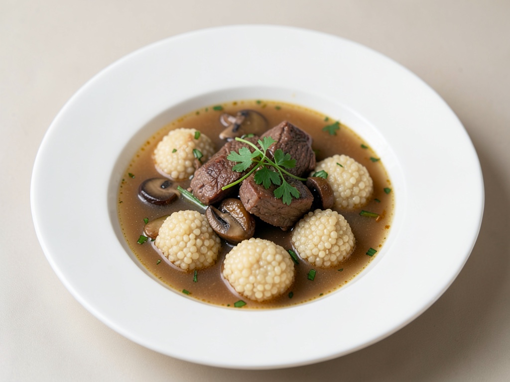 Bouillon de bœuf savoureuse aux champignons et boulettes de semoule