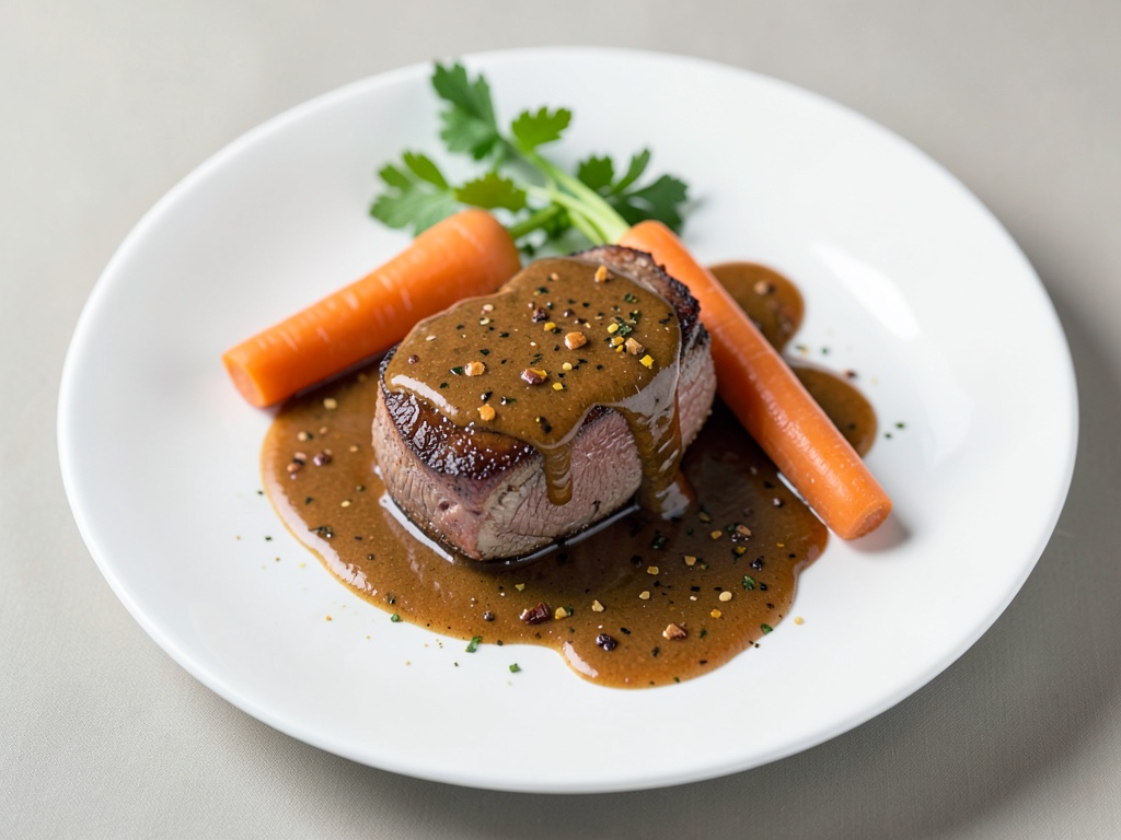 Braciola di manzo succulenta con salsa al birra e spezie e carote