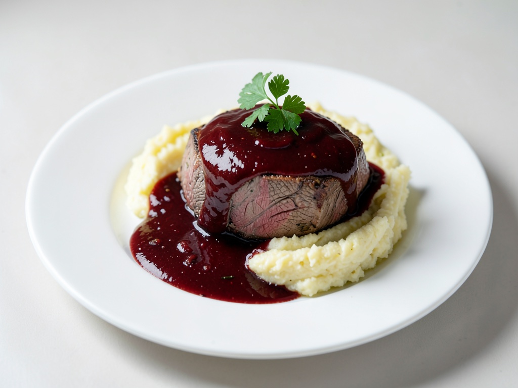Rôti de bœuf tendre en jus de vin rouge sur polenta crémeuse