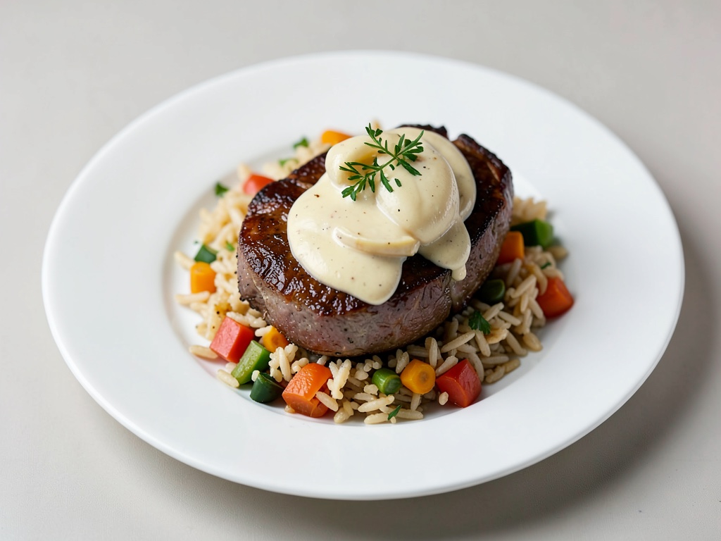 Suculenta arrosto di manzo con salsa cremosa alle cipolle e riso aromatico alle verdure