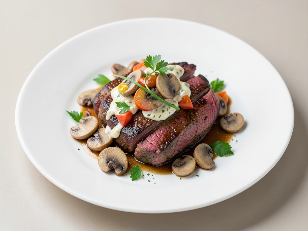 Fettine tenere di filetto di manzo con funghi e condimento alle verdure