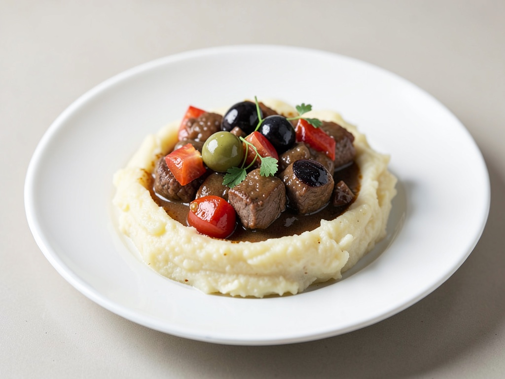Saporito stufato di manzo con olive, pomodori e purè di patate cremoso