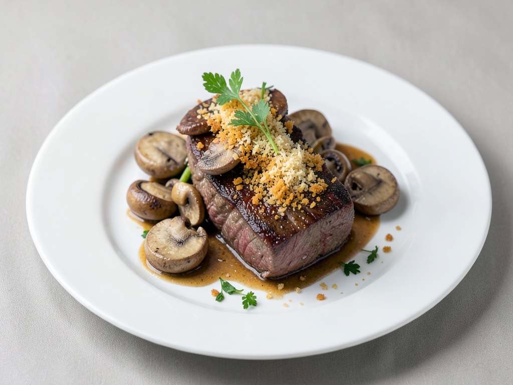 Zartestes Rinderfilet mit Egerlingen und knuspriger Parmesanecke