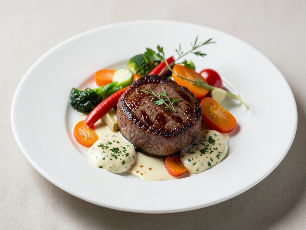 Succulenta filetto di manzo con verdure colorate e crema alle erbe