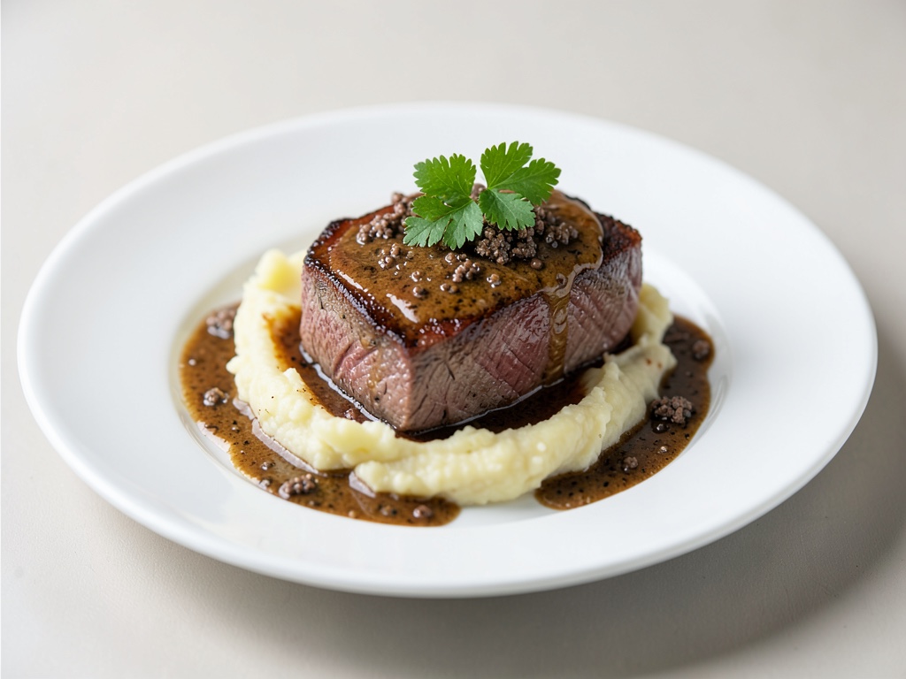 Suculenta bistecca di manzo con purè di patate cremoso e salsa al tartufo