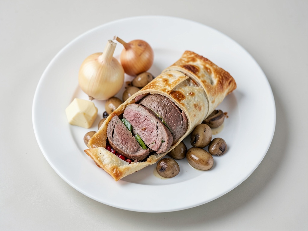Wrapp di pasta sfoglia croccanti con filetto di manzo e ripieno di funghi