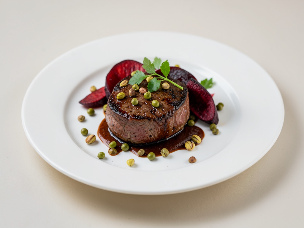 Filetto di manzo succoso con barbabietola al forno, capperi e pistacchi