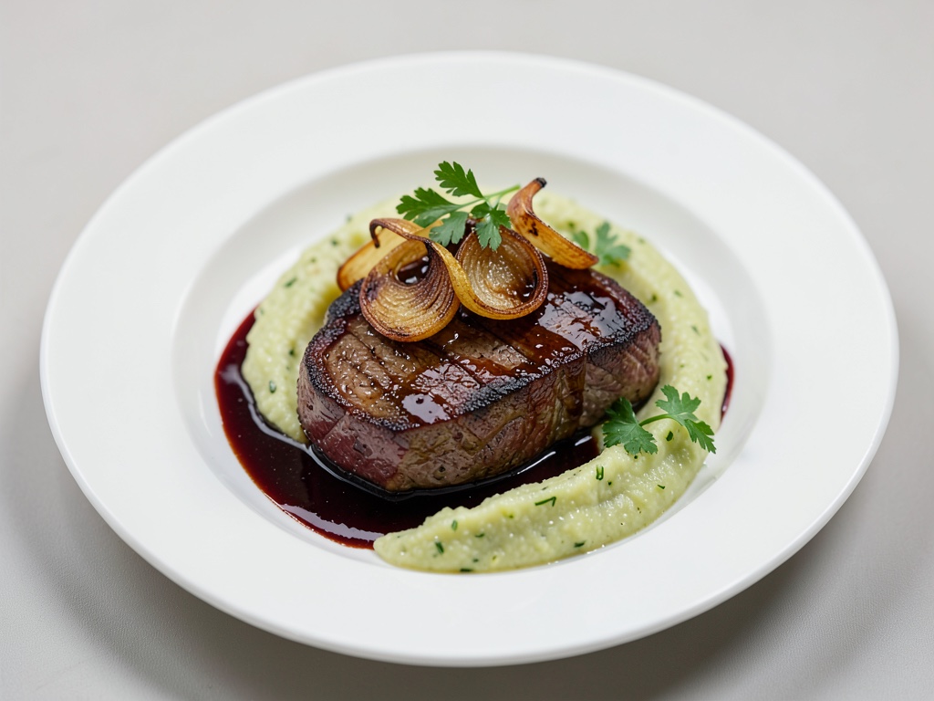 Filetto di manzo succulento con scalote caramellate in salsa al vino Porto e sedano cremoso