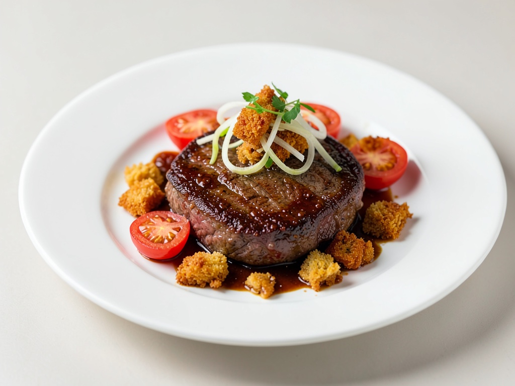 Filet de bœuf juteux aux tomates, oignons de printemps et croûtons croustillants