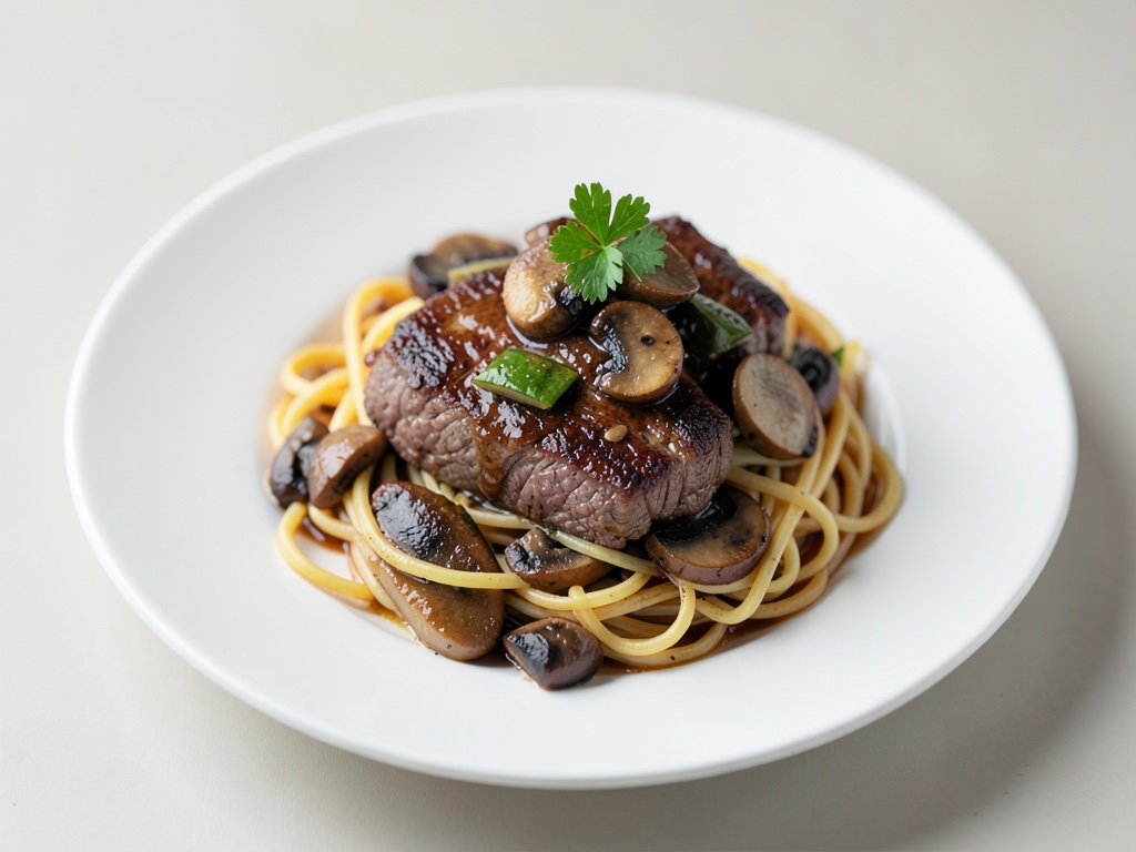 Manzo veloce con funghi e noodles