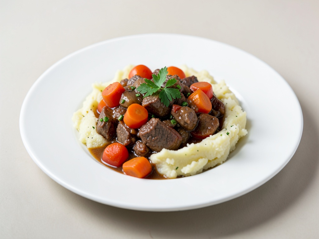 Stufato di manzo tenero con carote e purè di patate cremoso