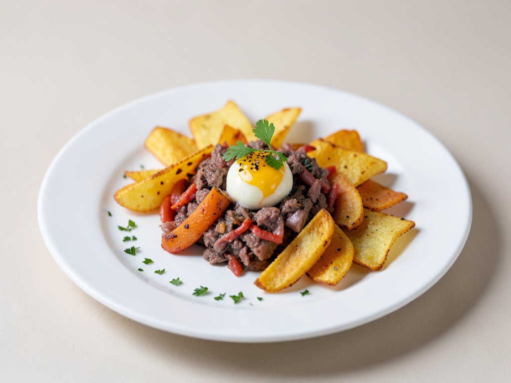 Patatine di patata croccanti con tartare di manzo e tuorlo d'uovo