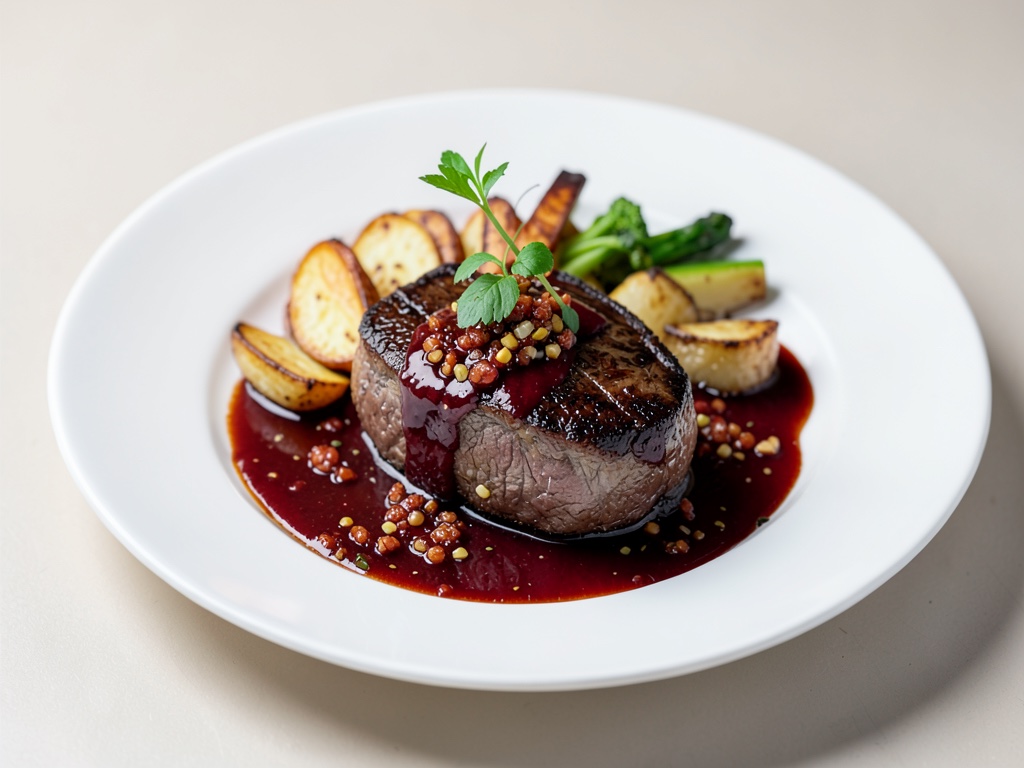 Saftiges Rinderfilet mit pfeffriger Rotweinsoße und Ofengemüse