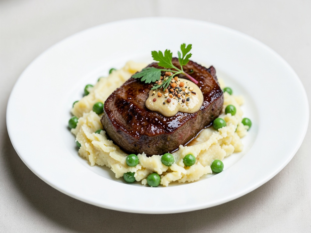 Filetto di manzo succoso con purè cremoso di piselli e patate