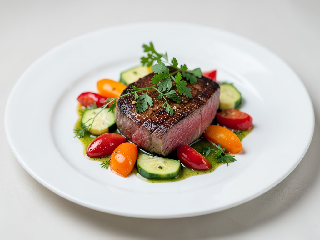 Suculenta lombata di manzo con verdure colorate e salsa alle erbe fresche