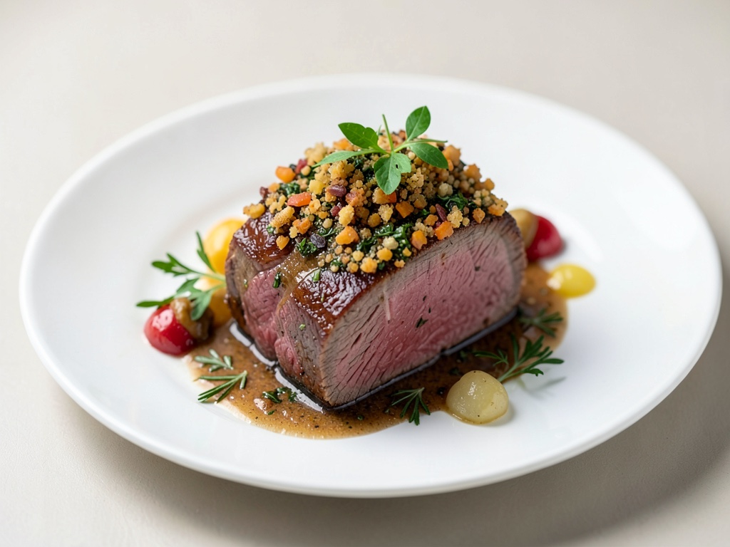 Filetto di manzo succoso con croccante crosta di erbe e noci