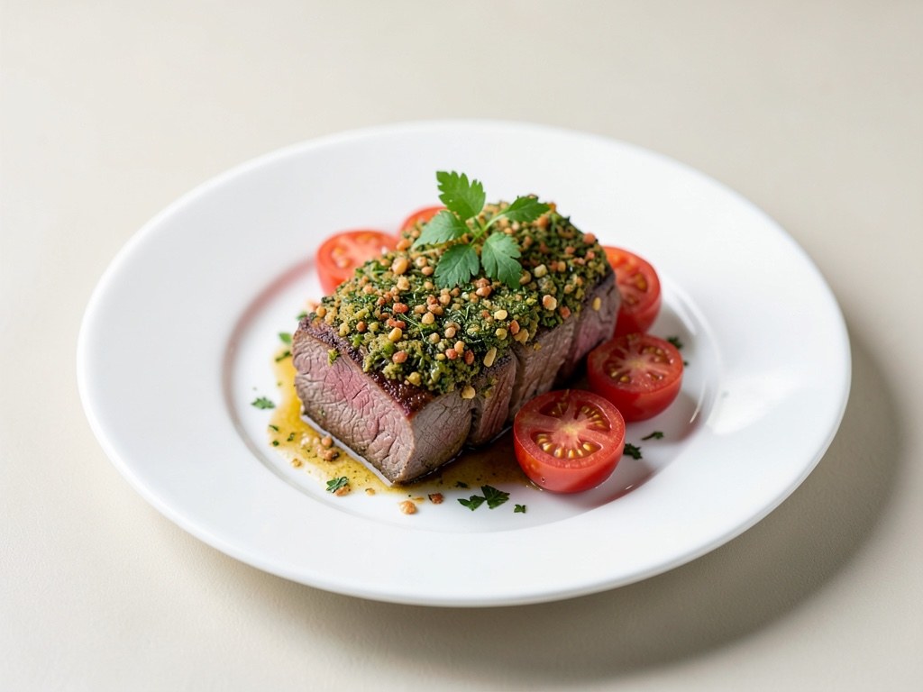 Filetto di manzo succulento con crosta di erbe e noci e pomodori freschi