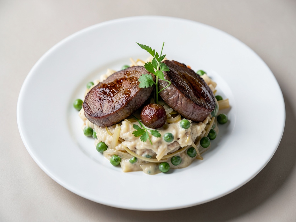 Juicy Beef Medallions on Creamy Fennel and Pea Gratin