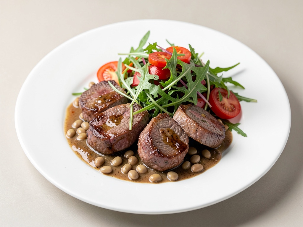 Medaglioni di manzo succosi con insalata di fagiolini, rucola e pomodori