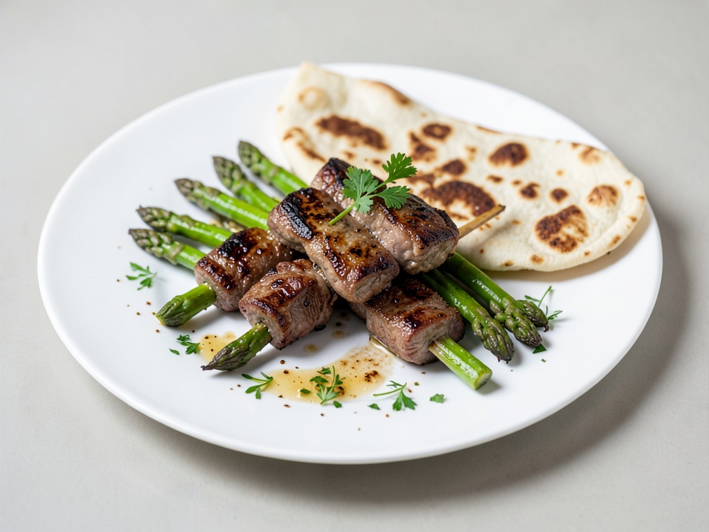 Spiedini di manzo alla griglia con asparagi e pane flatbread