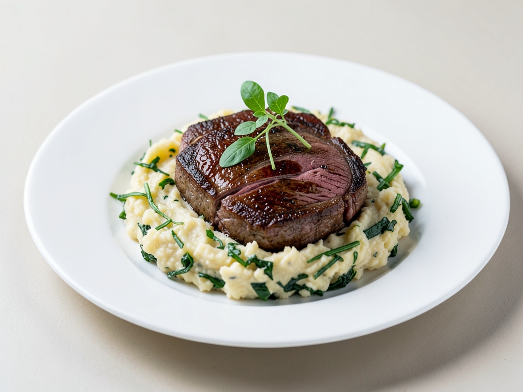 Bistec di manzo succoso su purè cremoso di patate e rucola