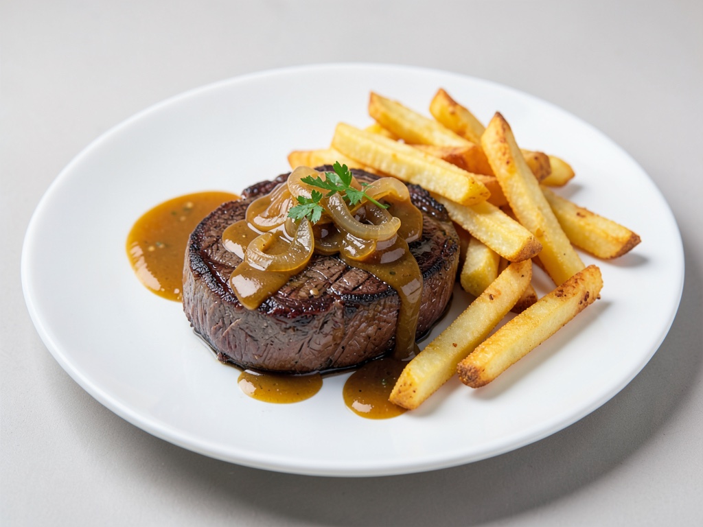Bistec di manzo succoso con salsa di birra e cipolle e patatine fritte croccanti