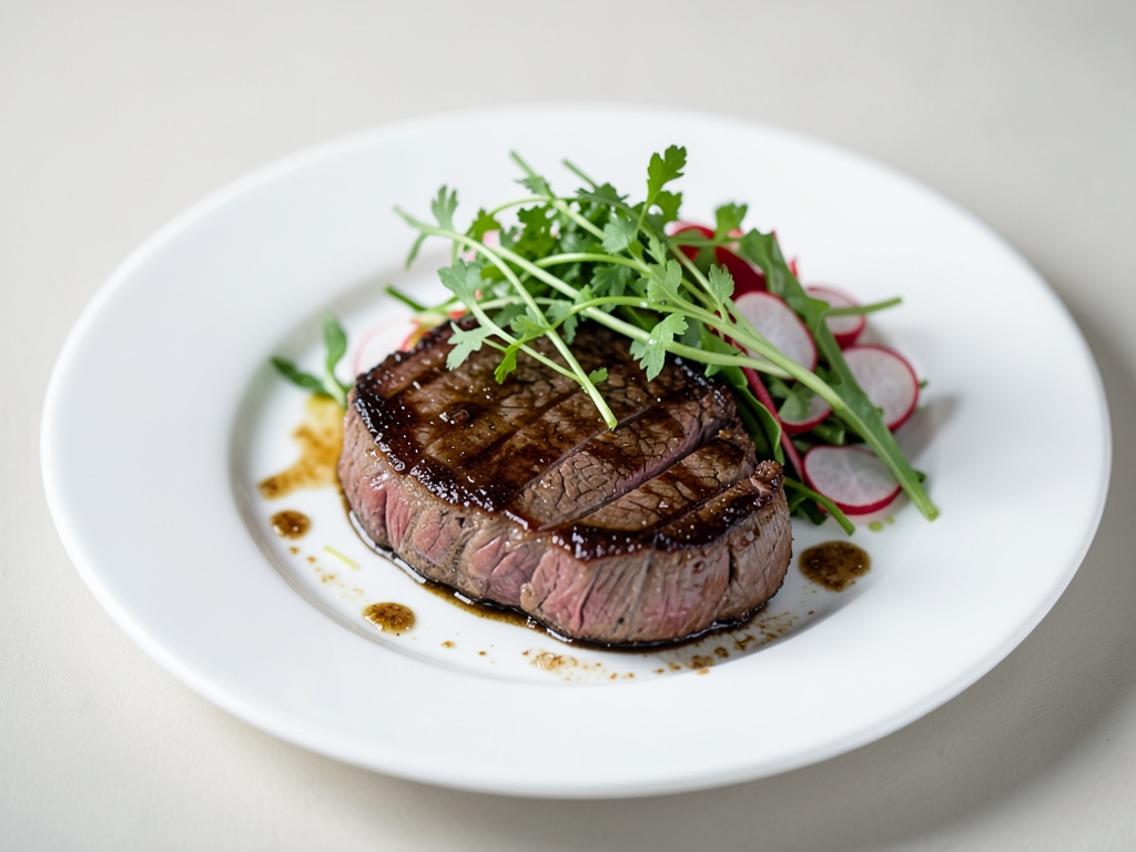 Bistec di manzo succoso con insalata fresca di crescione e rafano