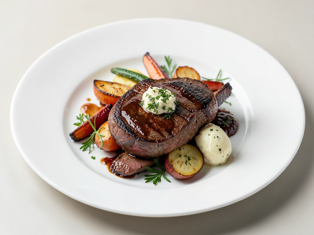 Steak de bœuf juteux avec légumes rôtis et beurre aux herbes