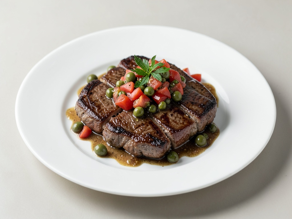 Bistecche di manzo succulente con salsa fresca di pomodori e olive