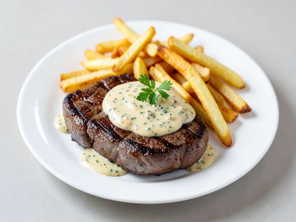 Bistecche di manzo succulente con salsa al pepe cremosa e patatine fritte croccanti