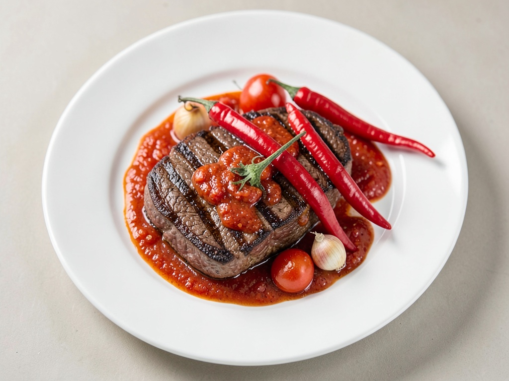 Bistec di manzo succoso con salsa fresca di pomodori e peperoncino