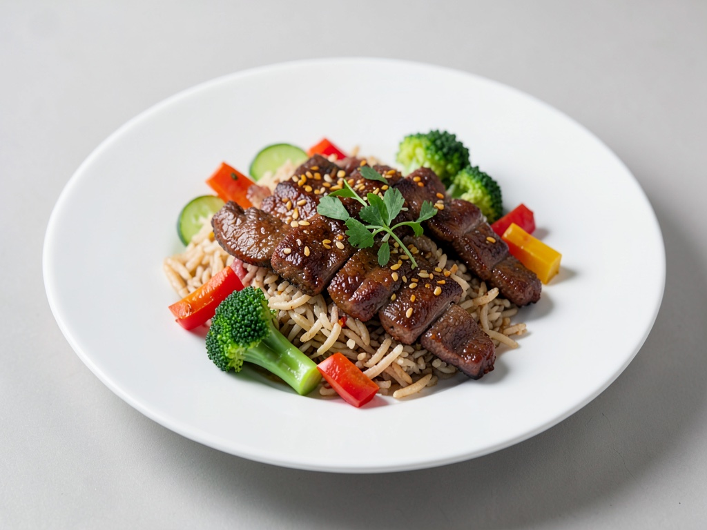 Strisce di manzo piccante con riso, broccoli e peperoni