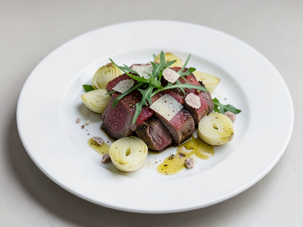 Delicato Carpaccio di Filetto di Manzo con Carciofi, Rucola, Parmigiano e Olio al Tartufo