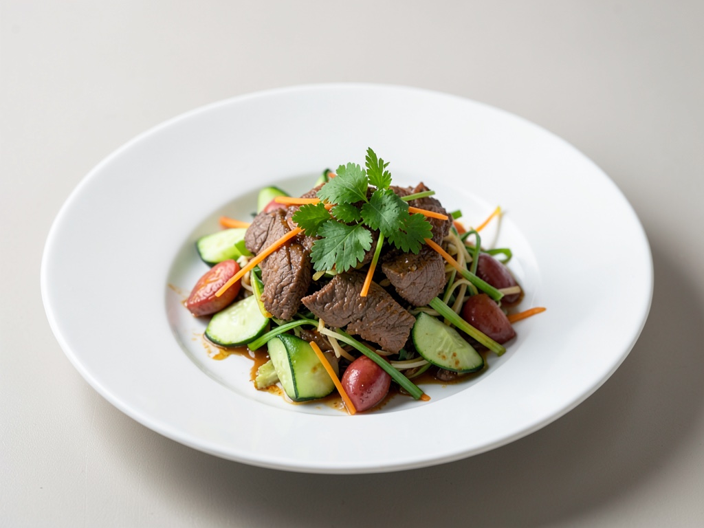 Insalata di manzo tailandese con cetriolo e erbe fresche