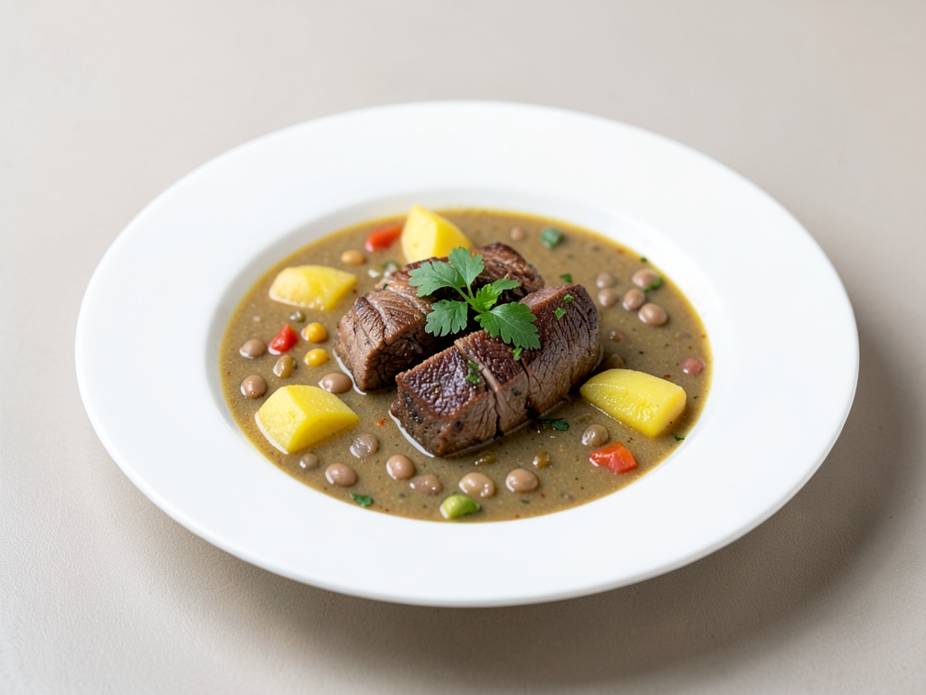 Sopa sabrosa de carne de res y patatas con judías
