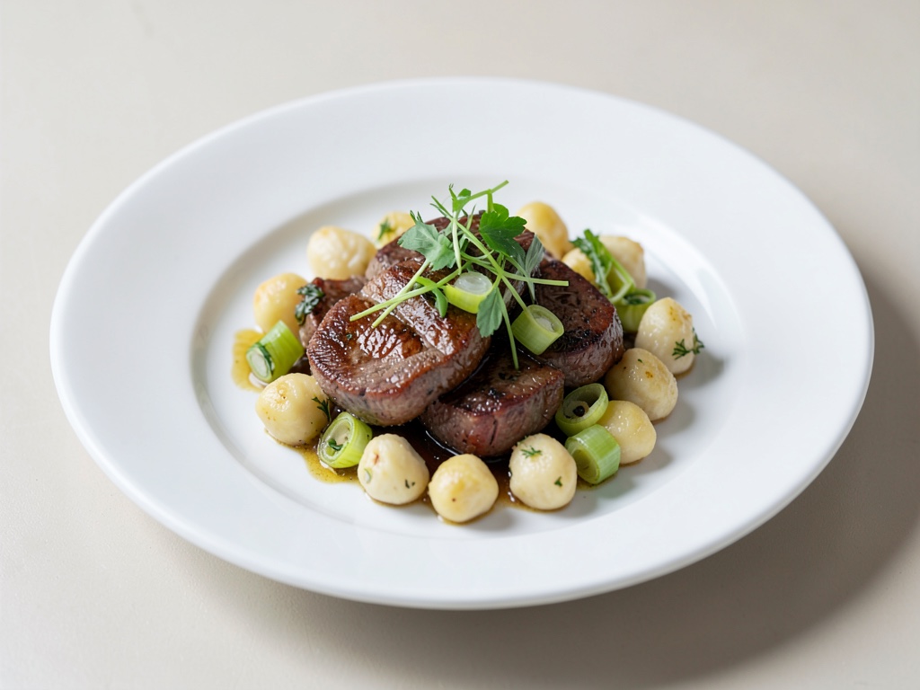 Fines lanières de bœuf aux poireaux et gnocchis maison
