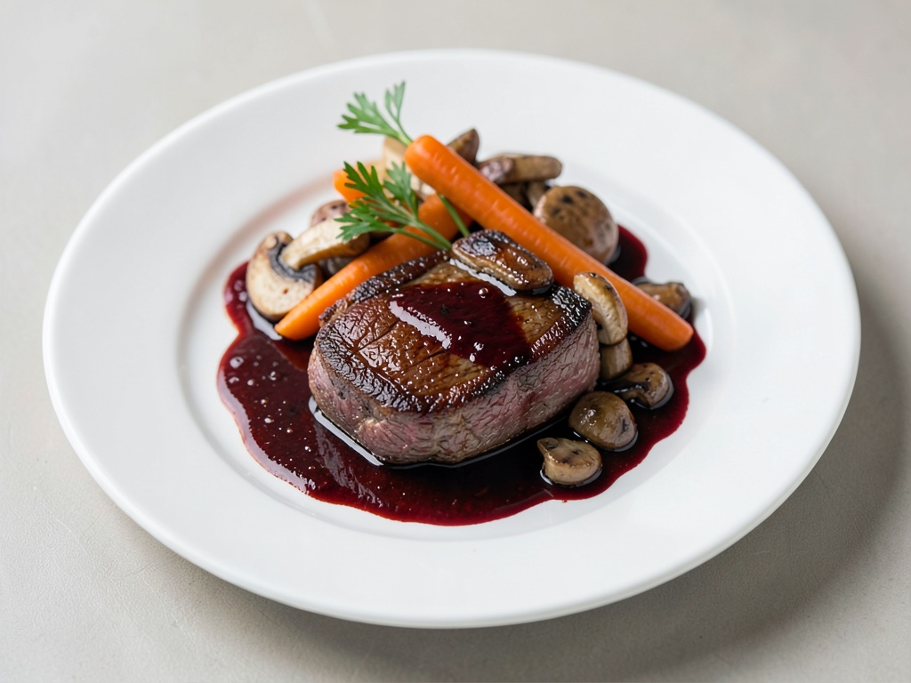 Filetto di manzo tenero con carote, funghi e salsa al vino rosso