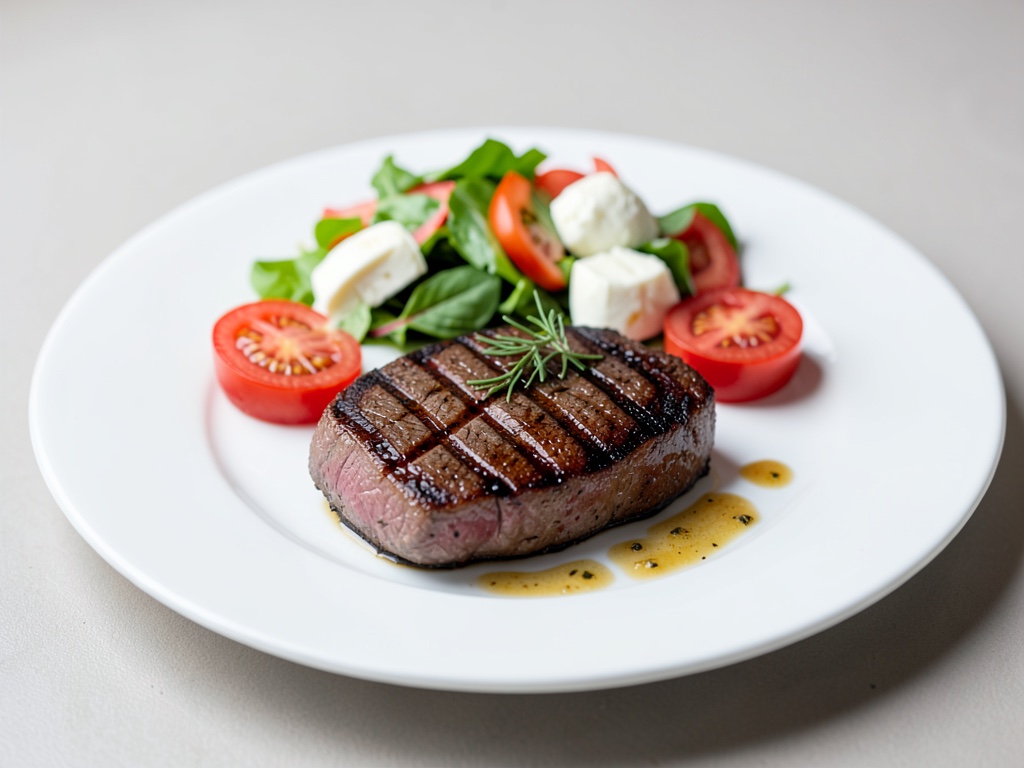 Filetto di manzo alla griglia su insalata fresca di pomodori e mozzarella