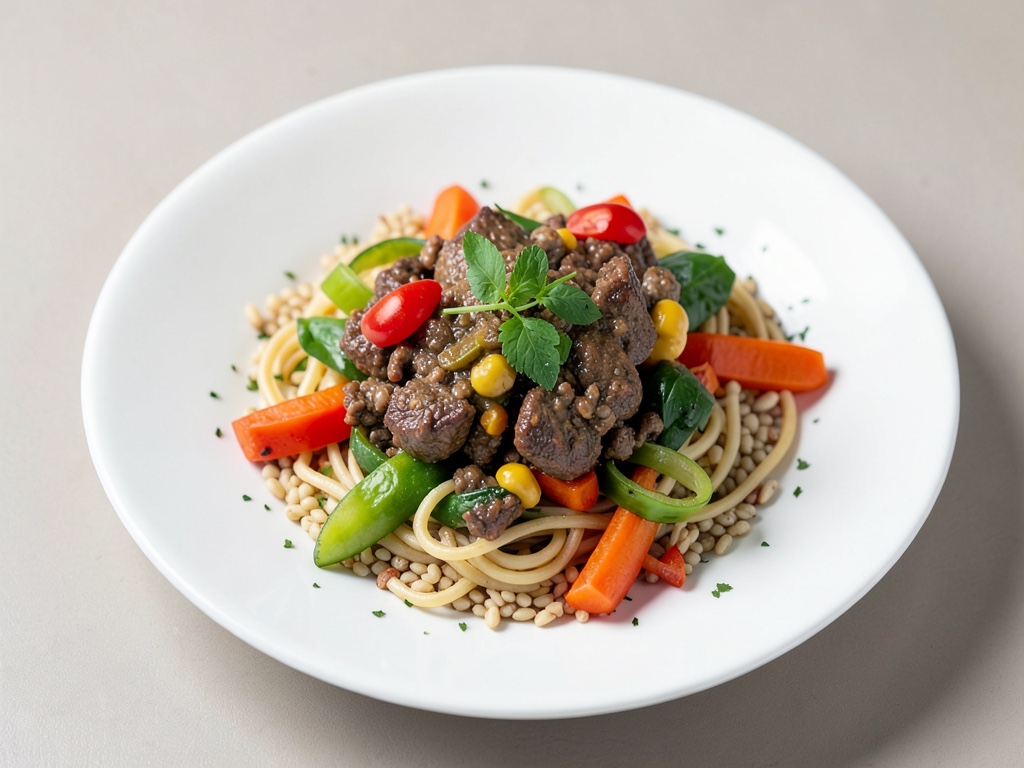 Ragù di manzo succulento con verdure colorate e pasta integrale