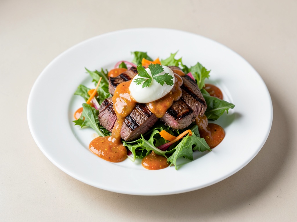 Salade de bœuf grillé aux œufs et à la sauce aux marrons