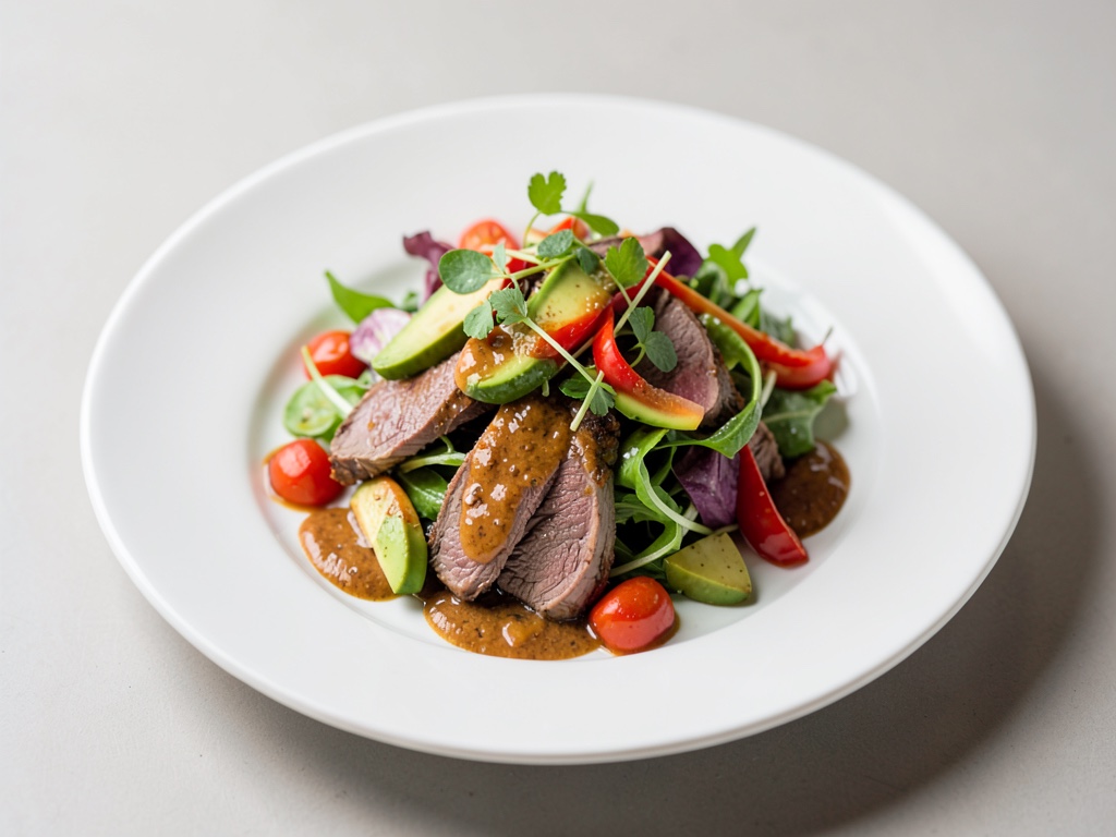 Insalata tiepida di manzo e verdure con avocado e peperoncino