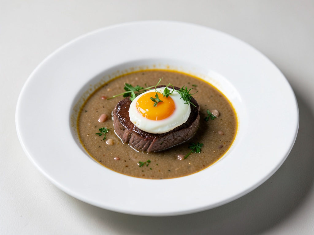 Zuppa calda di filetto di manzo con uovo poché