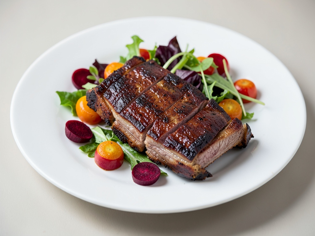 Costoletta di maiale alla griglia con insalata di barbabietola rossa e verdure