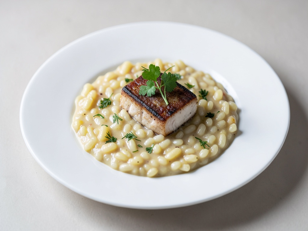Risotto cremoso con halibut affumicato